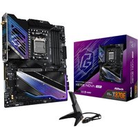 ASRock MK X870E NOVA WIFI motherboard, black with purple accents, ATX form factor, includes Wi-Fi antenna.