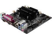 Mini ITX motherboard featuring a black PCB, multiple ports including USB and HDMI, a large heatsink, and a pink RAM slot, designed by ASRock.