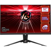 31.5" Asrock PG32QF2B monitor, 2560x1440 resolution, sleek black frame, angular stand, vibrant red display graphics.