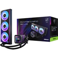 ASRock Phantom Gaming 360 LCD liquid cooling kit, black with three RGB fans and digital display on pump.