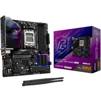 ASRock Phantom Gaming B850M Riptide WiFi micro ATX motherboard with black PCB, RGB lighting, and dual antennas.