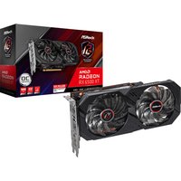 ASRock Phantom Gaming RX 6500 XT graphics card, dual fans, black casing, red accents, with retail box.