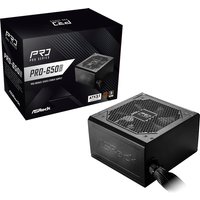 Black ASRock PRO-650B power supply unit, 650W, 24-pin ATX, with cooling fan and textured surface, next to packaging box.