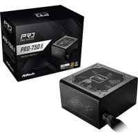 Black ASRock PRO-750G power supply unit, 750W, 24-pin ATX, with cooling fan and textured surface, next to its box.