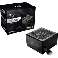 Black ASRock PRO-850G power supply unit, 850W, 24-pin ATX, with a mesh top and visible fan, next to its box.