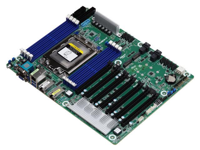 Asrock ROMED8-2T/BCM motherboard in ATX form factor, featuring a green PCB, blue heatsinks, Socket SP3, multiple RAM slots, and various connectors for peripherals.