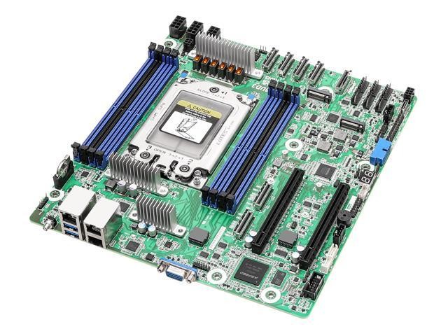 ASRock SIENAD8UD3 Micro ATX motherboard featuring an AMD SoC Socket SP6, green PCB, multiple blue RAM slots, various ports, and cooling fins.