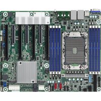 ASRock SPC621D8 motherboard, Intel C621A, LGA 4189, ATX, green PCB, multiple PCIe slots, dual heatsinks, RAM slots.