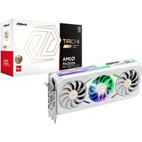 White ASRock Taichi Radeon RX 9070 XT graphics card with triple fans and RGB lighting, 16GB GDDR6, next to packaging.
