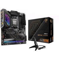 ASRock X870E Taichi motherboard, black with gold accents, RGB lighting, and socket AM5, next to its black and gold box.