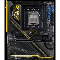 ASRock X870E Taichi OCF motherboard, black with gold accents, gear design, and socket AM5 ATX layout.