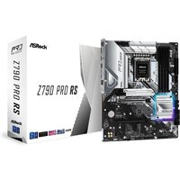 ASRock Z790 Pro RS motherboard with black and silver design, RGB lighting, and LGA 1700 socket, next to its box.