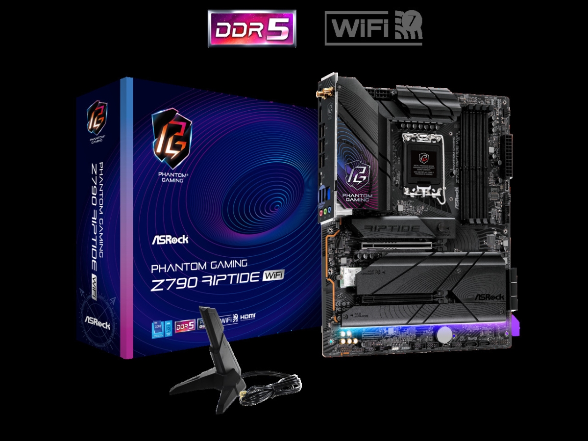 Black and silver ATX motherboard featuring Intel LGA 1700 socket, DDR5 support, WiFi capability, and RGB accents, alongside a blue and purple box with branding.