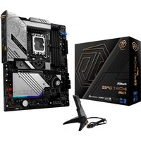 ASRock Z890 Taichi Lite motherboard with black and silver design, angular patterns, and matching box packaging.