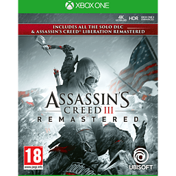 Cover art for "Assassin's Creed III Remastered" featuring a hooded assassin wielding a tomahawk against a backdrop of the American flag, with green and black accents and Xbox One branding.