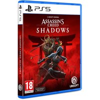 PS5 game case for "Assassins Creed Shadows" with red cover art featuring a hooded figure and samurai warrior.