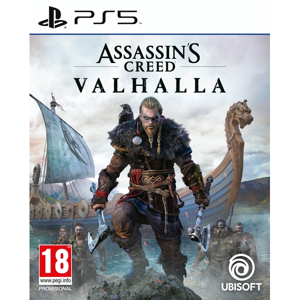 Cover art for "Assassin's Creed Valhalla" featuring a Viking warrior with dual axes, a ship in the background, and the PS5 logo at the top, set against a dramatic sky.