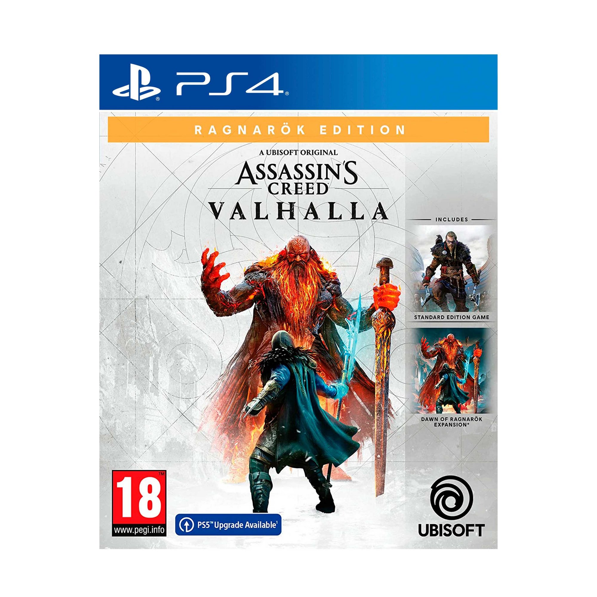 Cover art features a Viking warrior in dark attire facing a large, fiery creature, with the title "Assassin's Creed Valhalla" prominently displayed in bold lettering.