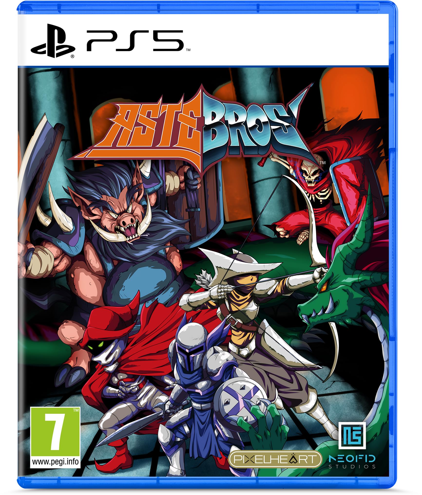 Astebros for PS5 features vibrant artwork with characters including a knight, dragon, and pig-like creature, set against a colorful fantasy background.