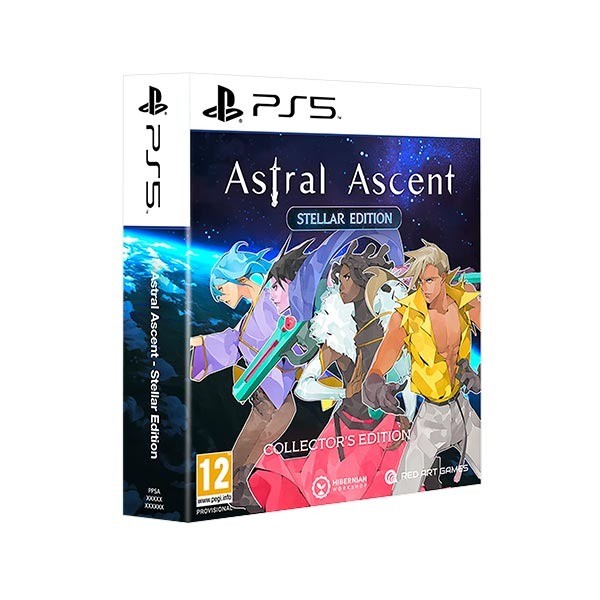 Astral Ascent Stellar Edition for PS5 features a vibrant box art with colorful characters, a cosmic background, and a prominent PlayStation logo on the top.