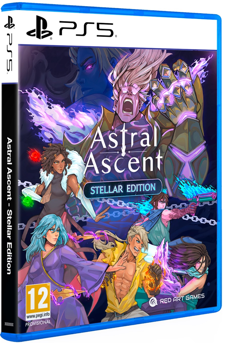 The PS5 game case features vibrant artwork with characters wielding colorful magic, set against a cosmic background, with the title "Astral Ascent Stellar Edition" prominently displayed.