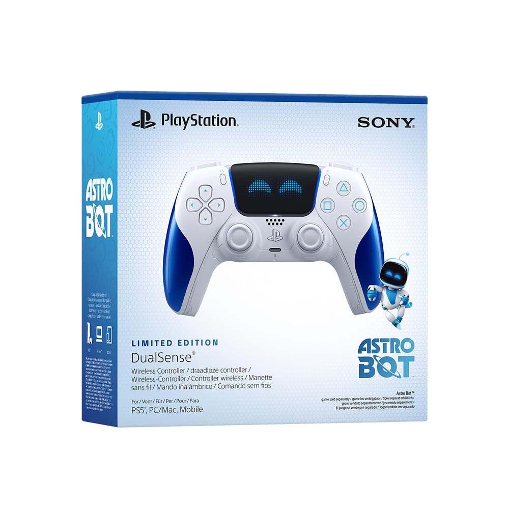 Astro Bot DualSense Joyful Edition controller in white and blue packaging, featuring a playful design with the Astro Bot character and PlayStation branding, labeled as a limited edition.