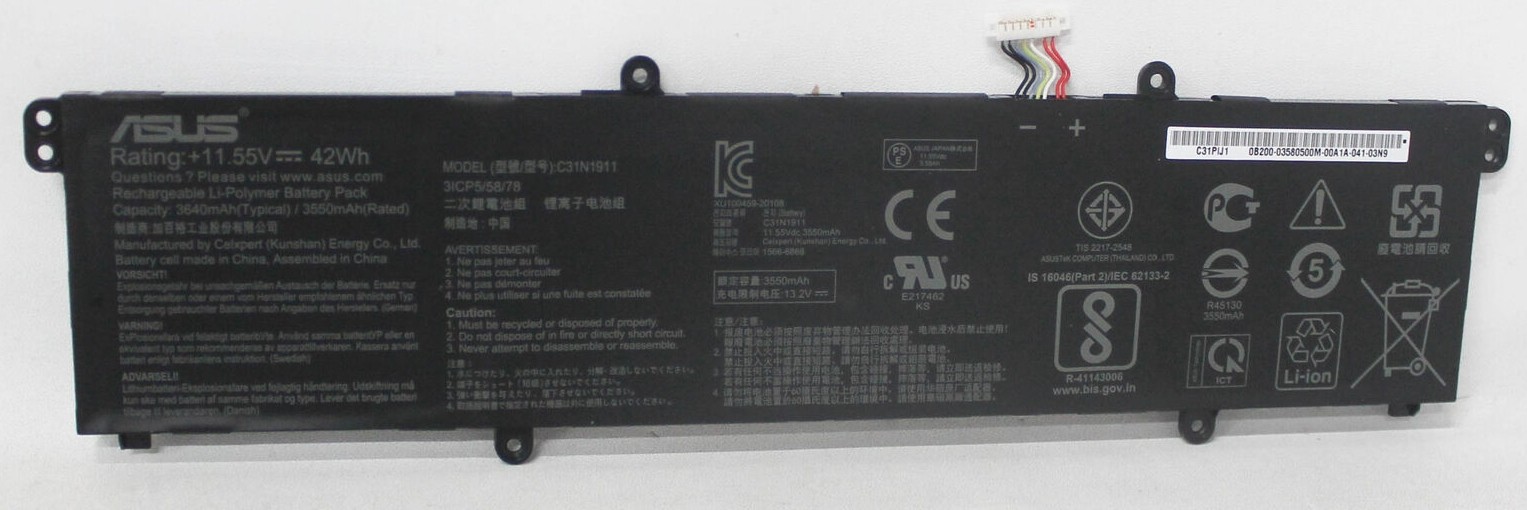Black ASUS laptop battery with a capacity of 42Wh, featuring various technical specifications and labels, including a connector with colored wires on one end.