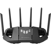 Black ASUS wireless router with six antennas, tri-band support, and sleek angular design.