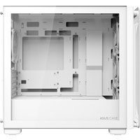 White ASUS A23 PLUS TG ARGB computer case with tempered glass panel and multiple fan mounts.