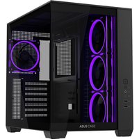 Black ASUS A32 PLUS computer case with purple LED fans, transparent side panel, and front USB ports.