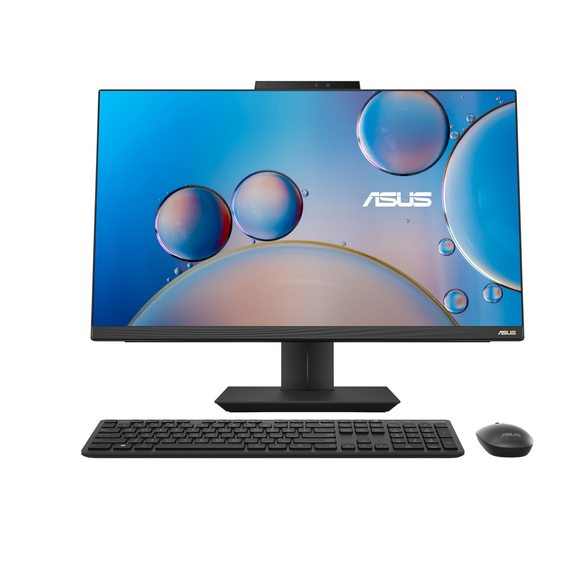 ASUS A5702WVARK-BPE016W features a sleek 27-inch display with a 1920 x 1080 resolution, accompanied by a black keyboard and mouse, showcasing a modern design with minimal bezels.
