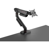 Black ASUS monitor arm with adjustable joints on a black desk, featuring a star-shaped mounting bracket.
