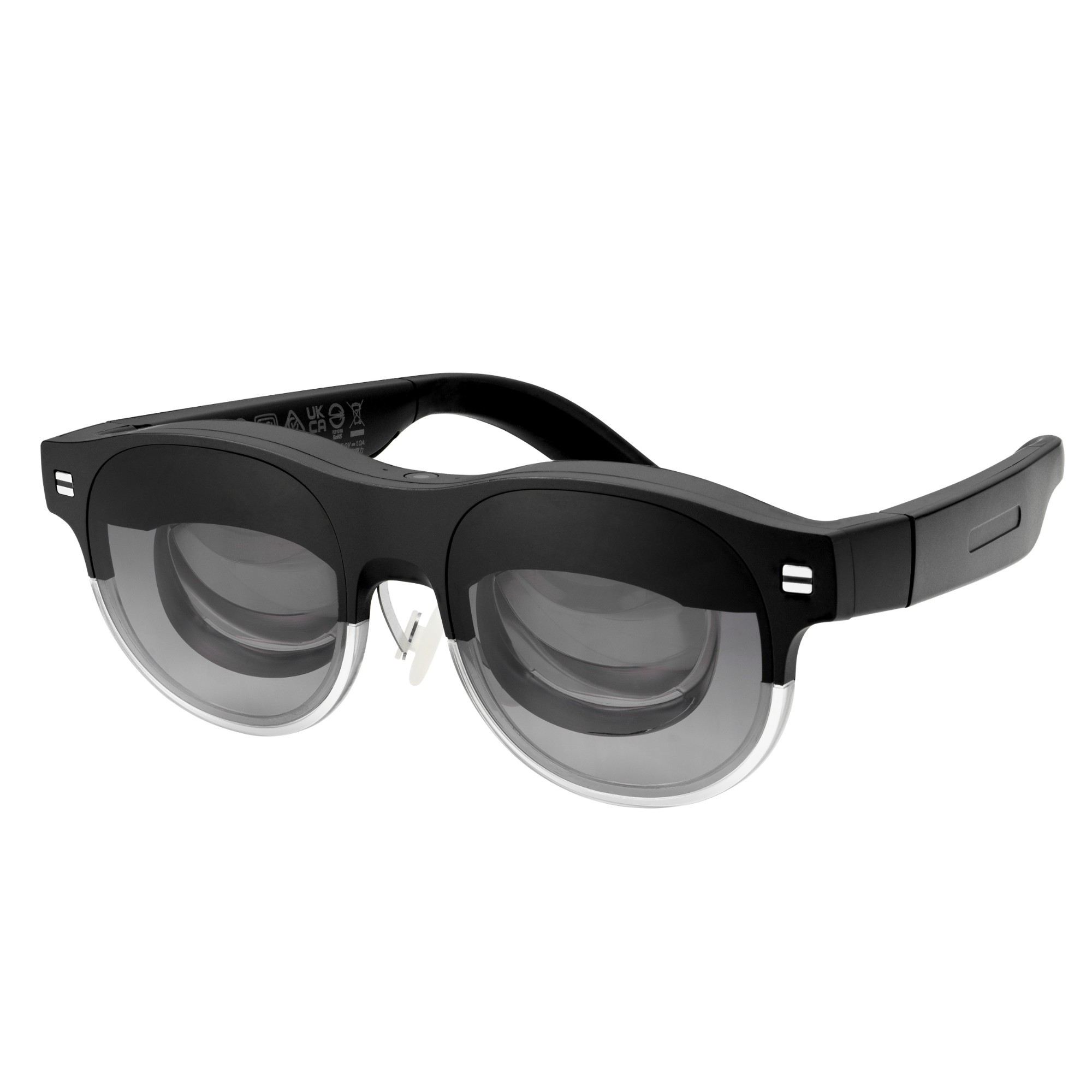 Black smart glasses with a sleek design, featuring micro OLED lenses, a USB-C port, touchpad controls, and integrated speakers, showcasing a modern and lightweight frame.