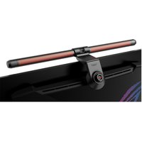 Black ASUS ALB01 Light with red LED bar, mounted on top of a monitor, featuring a central control dial.