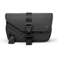 Black ASUS ROG SLASH SLING BAG 4.0 with PU leather, polyester, flap closure, and adjustable strap with buckle.