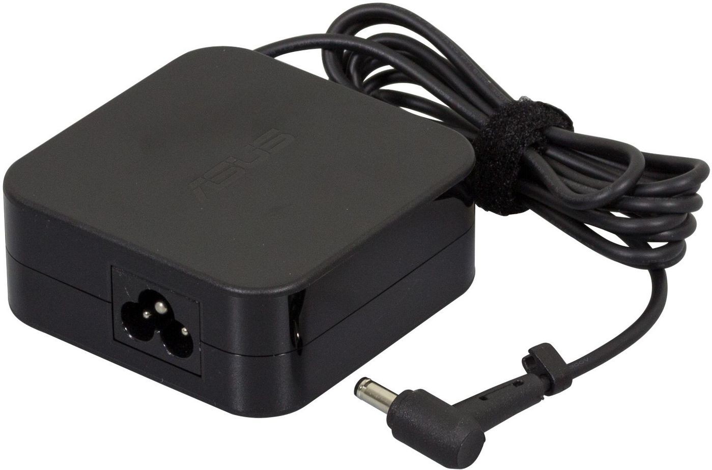 Black ASUS 65W power adapter with a 3-pin connector, featuring a compact design and a coiled cable for easy management.
