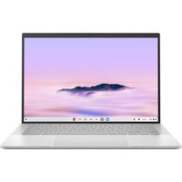 Silver ASUS Chromebook Plus with 14" touchscreen, slim design, UK keyboard, and ChromeOS interface displayed.