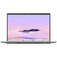 Silver ASUS Chromebook Plus with 14" touchscreen, slim bezels, and ChromeOS interface displayed on screen.
