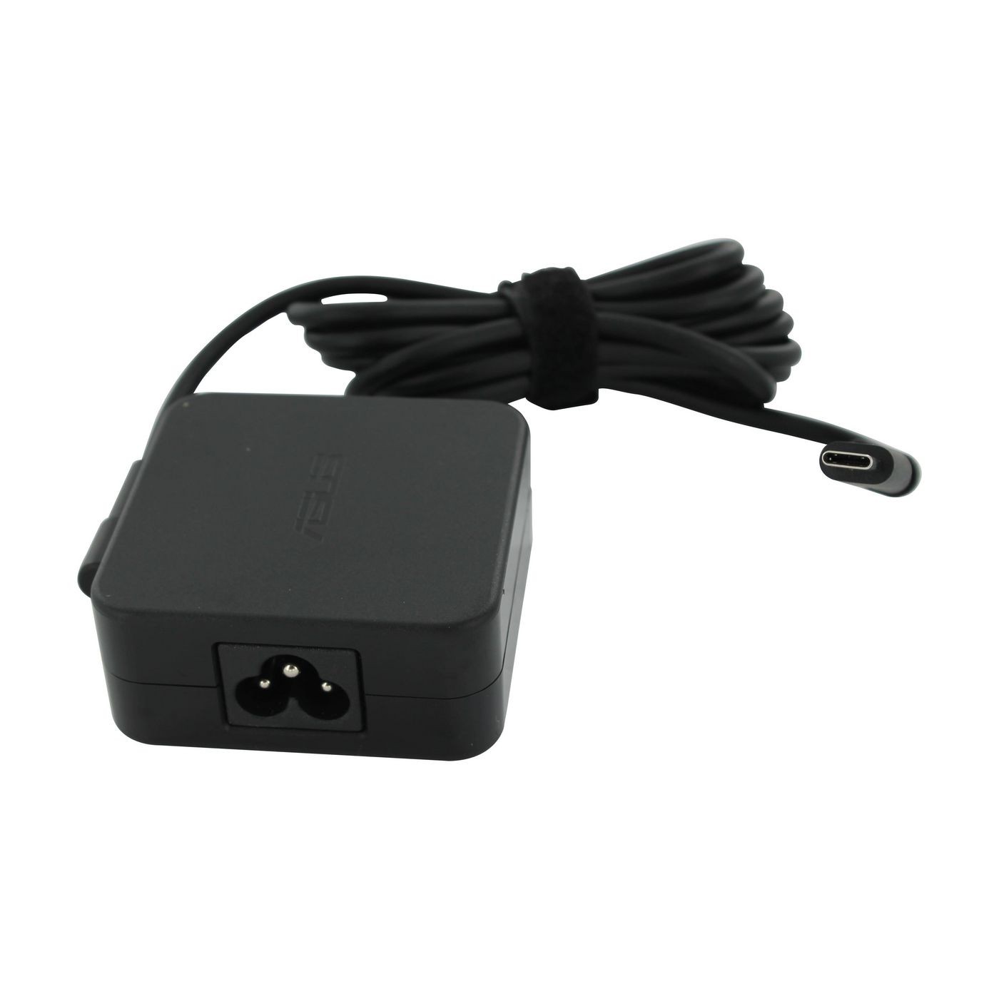 Black 65W power adapter with a 3-pin connector and a USB Type-C output, featuring a compact design and a long, flexible cable.