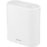 White ASUS tri-band Wi-Fi 6 router with rounded edges, vertical design, and vented top panel.