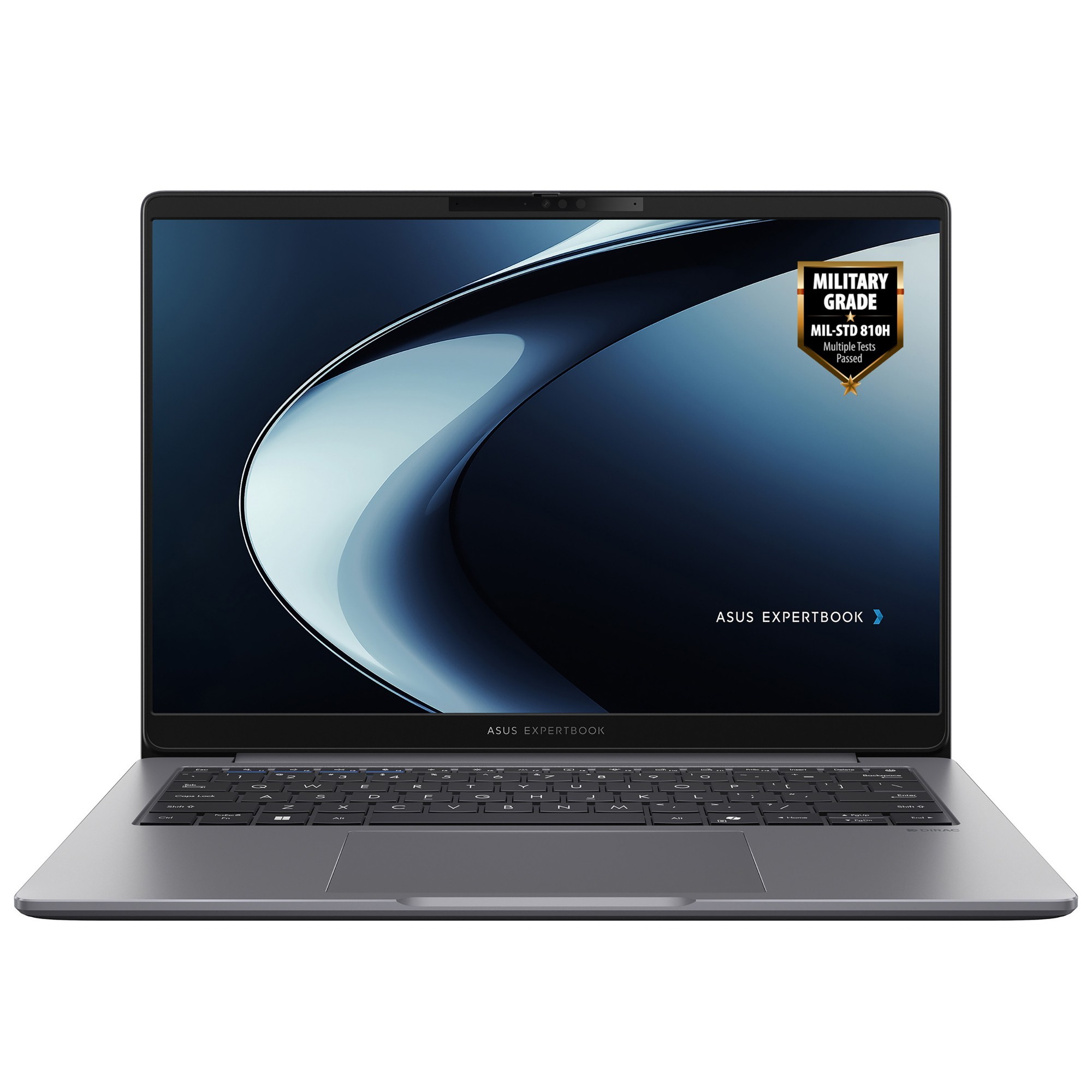 Sleek grey ASUS ExpertBook P3 laptop with a 14" WUXGA display, featuring a minimalist design, backlit keyboard, and a military-grade durability badge.