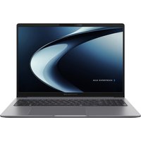 ASUS ExpertBook P3 laptop with sleek black design, 40.6 cm display, and AMD Ryzen AI 5 branding on screen.