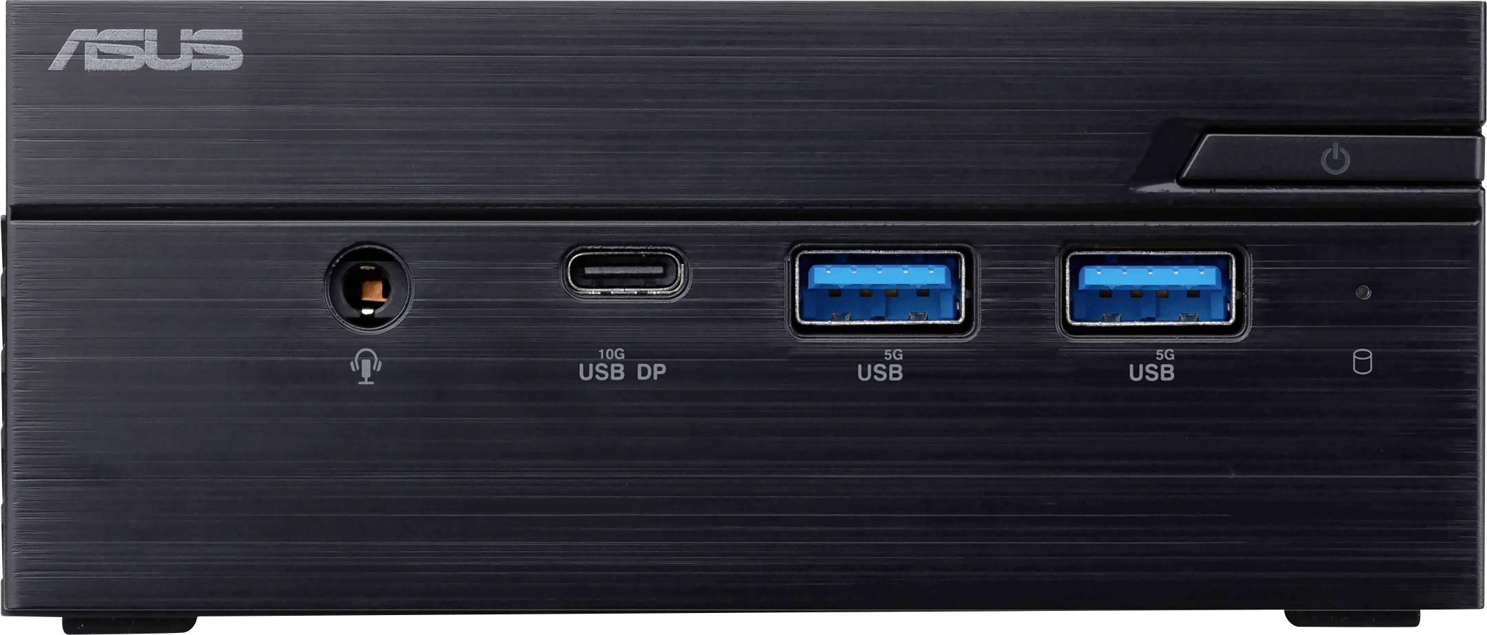 Compact black ASUS ExpertCenter PN53 with brushed metal finish, featuring USB-C, USB 3.2 ports, and a power button on the front panel.
