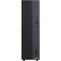 Black ASUS ExpertCenter SFF desktop with vertical grooves, front USB ports, power button, and ASUS logo at the bottom.