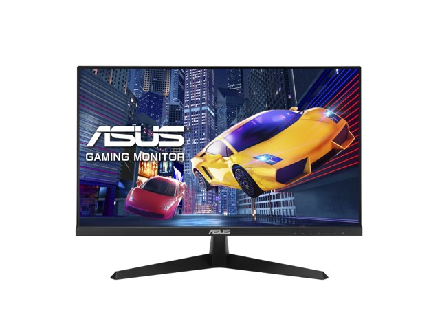 23.8-inch Asus FHD gaming monitor with a sleek black frame, featuring vibrant graphics of cars on screen, and a sturdy black stand.
