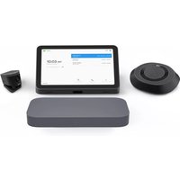 ASUS video conferencing kit with touchscreen display, speaker, camera, and hub in sleek black and gray design.