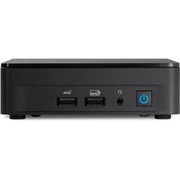 Black ASUS NUC mini PC with dual USB ports, audio jack, and blue power button on the front panel.