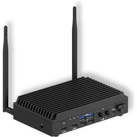 Black ASUS NUC 13 Rugged mini PC with ribbed design, dual antennas, and multiple front ports including USB and HDMI.