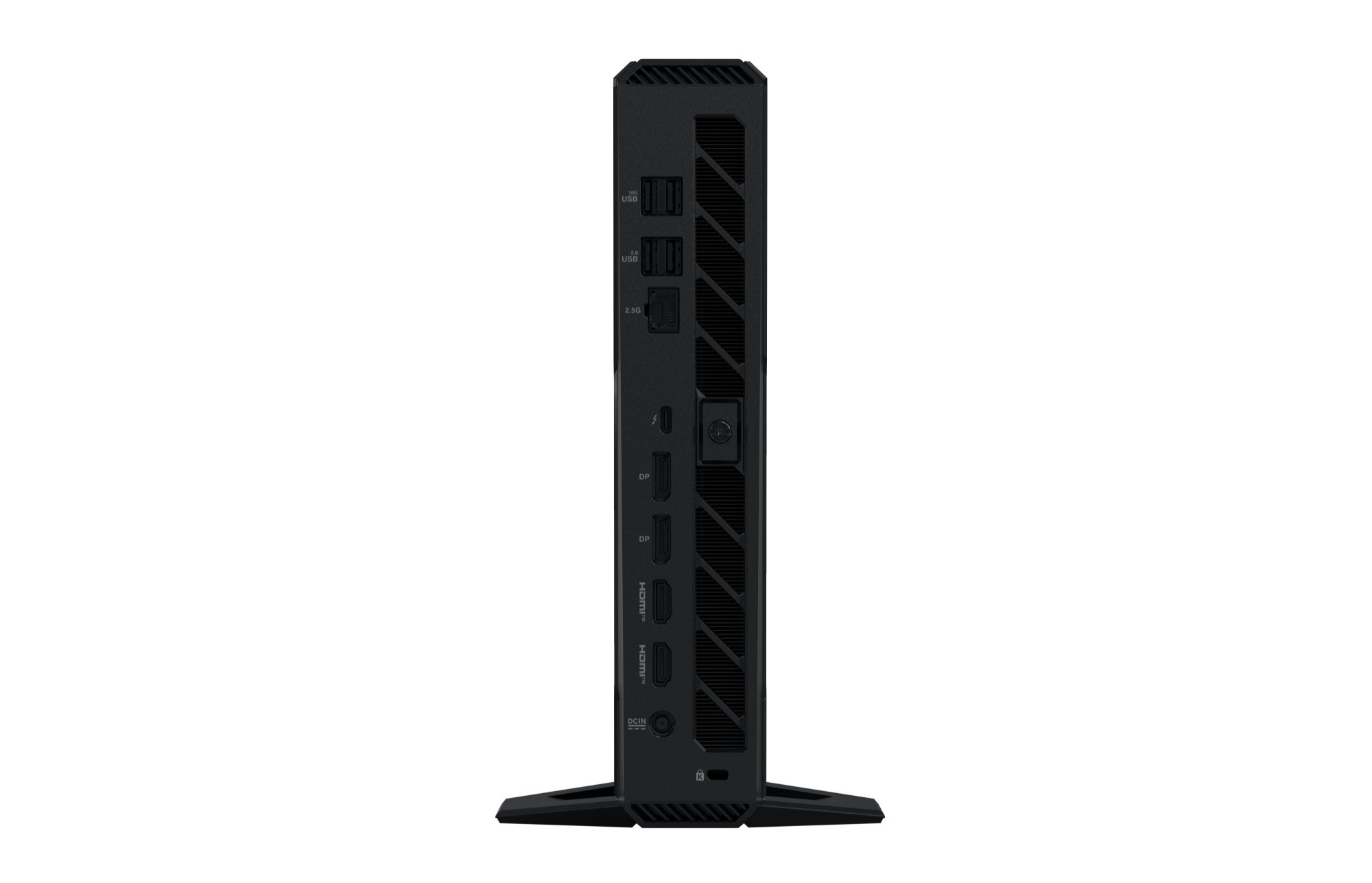 Compact black ASUS NUC 15 Performance PC with a sleek design, featuring multiple USB ports, HDMI, and a power button, mounted on a small stand for stability.
