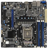 ASUS P12R-M motherboard, black with blue RAM slots, silver CPU socket, and multiple capacitors and connectors.